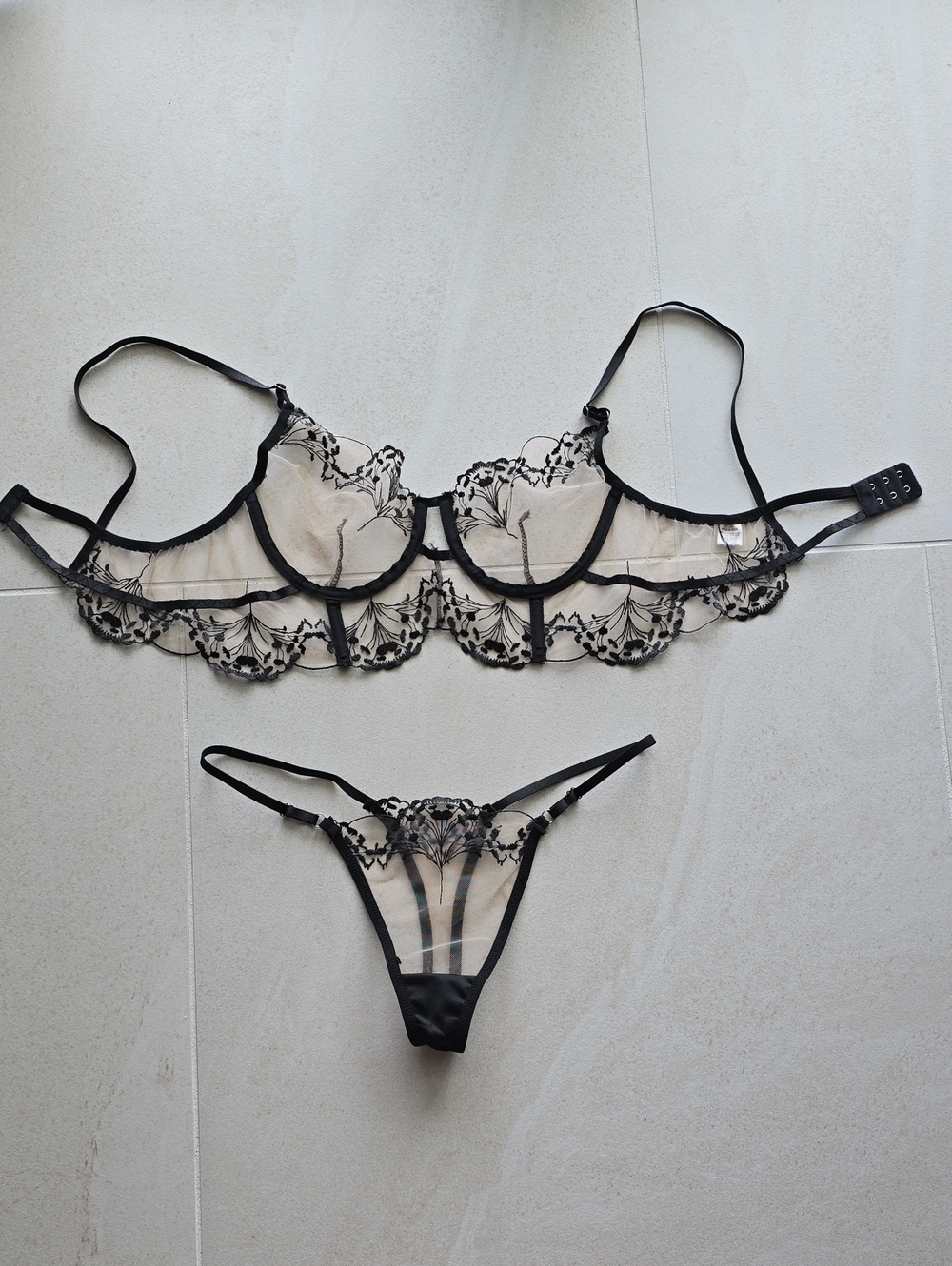 Sheer Black Embroidered Lace Underwire Bra & Thong Set